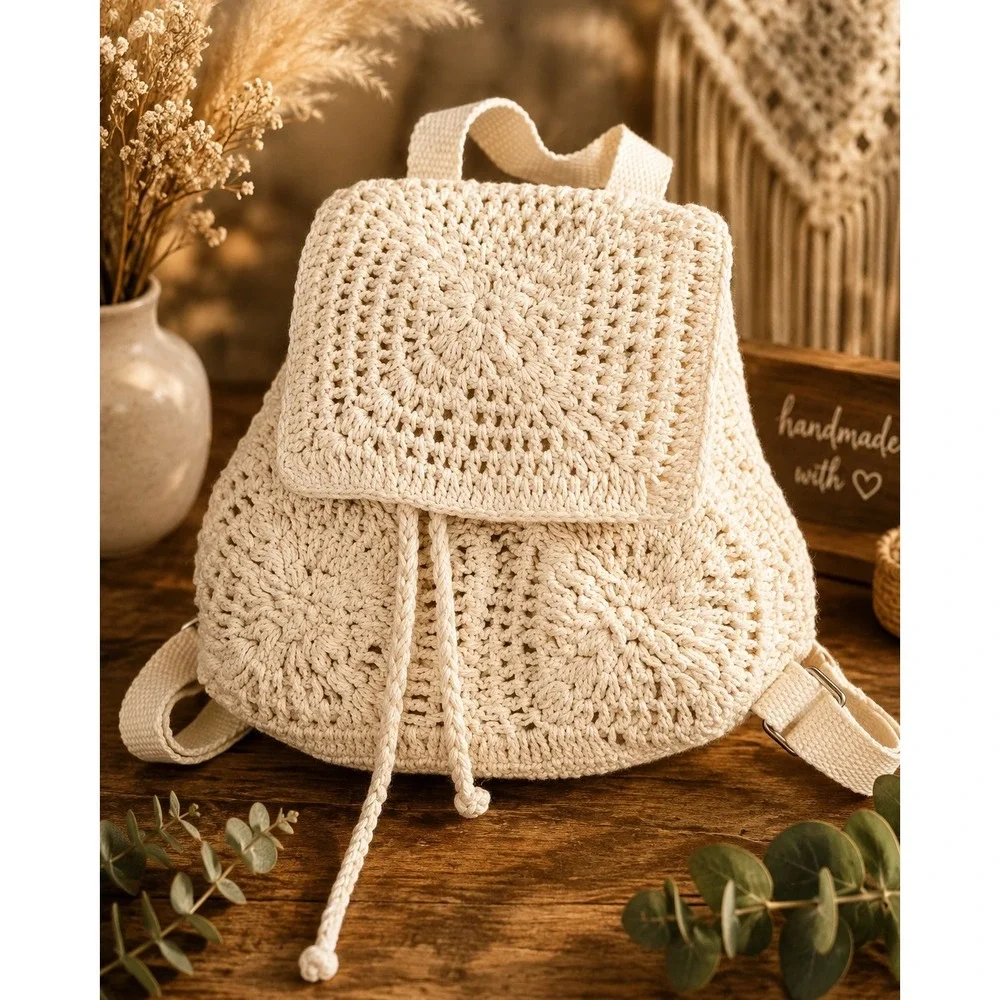 Handmade Crochet Mini Backpack Cream Boho Knit Drawstring Festival Bag Sunflower